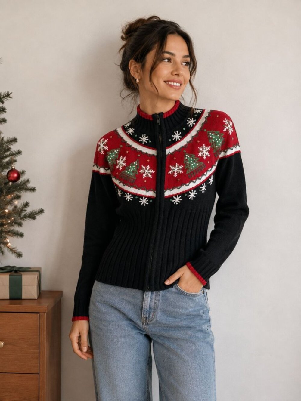 Tiara International vintage beaded Christmas tree zip cardigan sweater Size M
